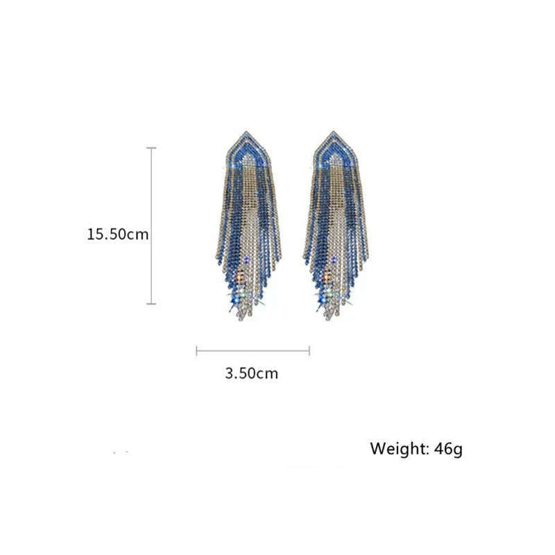 KIMLUD, FYUAN Fashion Blue Silver Color Full Rhinestone Drop Earrings Oversize Long Tassel Crystal Earrings for Women Statement Jewelry, KIMLUD Womens Clothes