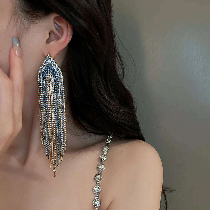 KIMLUD, FYUAN Fashion Blue Silver Color Full Rhinestone Drop Earrings Oversize Long Tassel Crystal Earrings for Women Statement Jewelry, KIMLUD Womens Clothes
