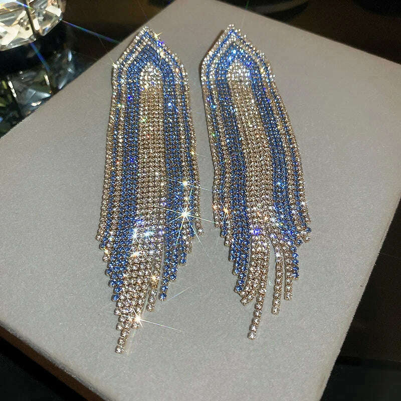 KIMLUD, FYUAN Fashion Blue Silver Color Full Rhinestone Drop Earrings Oversize Long Tassel Crystal Earrings for Women Statement Jewelry, KIMLUD Womens Clothes