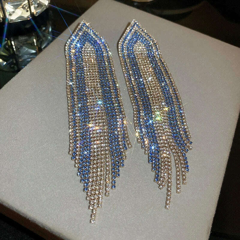 KIMLUD, FYUAN Fashion Blue Silver Color Full Rhinestone Drop Earrings Oversize Long Tassel Crystal Earrings for Women Statement Jewelry, blue, KIMLUD APPAREL - Womens Clothes