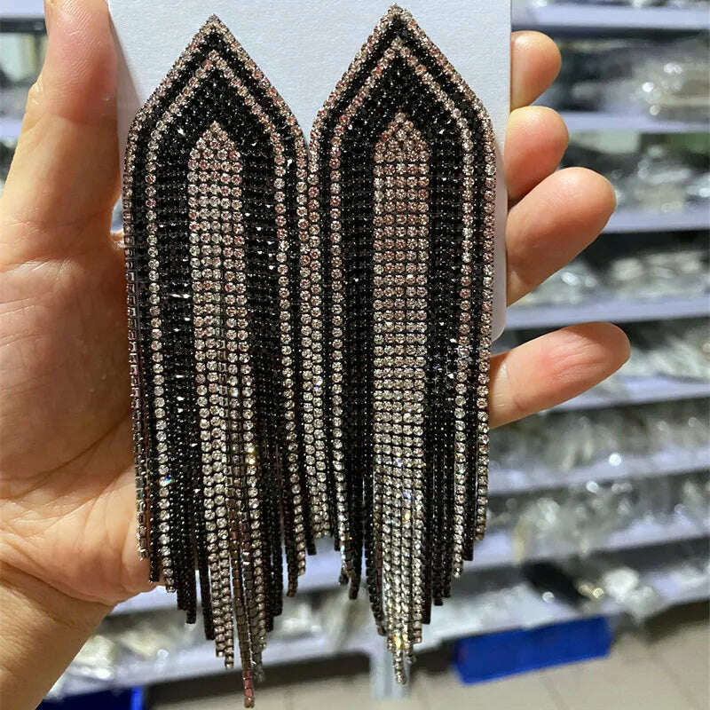 KIMLUD, FYUAN Fashion Blue Silver Color Full Rhinestone Drop Earrings Oversize Long Tassel Crystal Earrings for Women Statement Jewelry, black, KIMLUD APPAREL - Womens Clothes