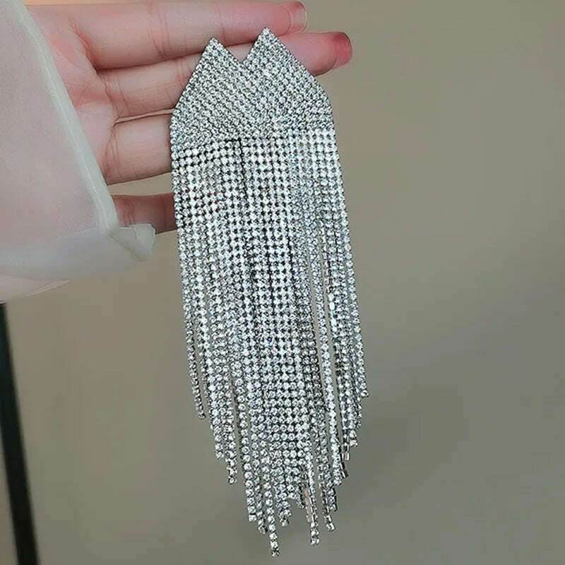 KIMLUD, FYUAN Fashion Blue Silver Color Full Rhinestone Drop Earrings Oversize Long Tassel Crystal Earrings for Women Statement Jewelry, KIMLUD Womens Clothes