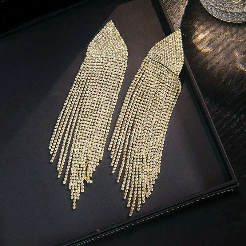 KIMLUD, FYUAN Fashion Blue Silver Color Full Rhinestone Drop Earrings Oversize Long Tassel Crystal Earrings for Women Statement Jewelry, KIMLUD Womens Clothes