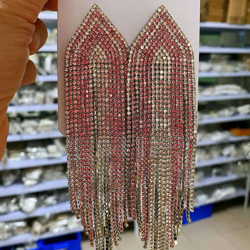 KIMLUD, FYUAN Fashion Blue Silver Color Full Rhinestone Drop Earrings Oversize Long Tassel Crystal Earrings for Women Statement Jewelry, KIMLUD Womens Clothes