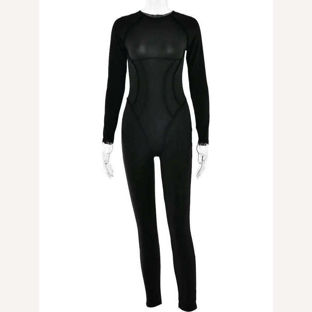 KIMLUD, GACVGA Sexy Backless Jumpsuits Elastic Long Sleeves Splicing Leggings Casual Gym Sports Fitness Rempors Women's Yoga Jumpsuit, Black / S, KIMLUD APPAREL - Womens Clothes