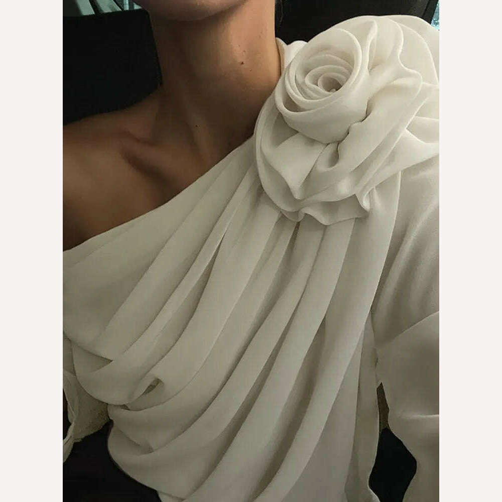 KIMLUD, GACVGA Skew Collar Floral Mesh Chiffon Blouses Tops Tshirt Elegant T Shirt Fashion Crop Top See Through Women's Blouses & Shirts, KIMLUD Womens Clothes