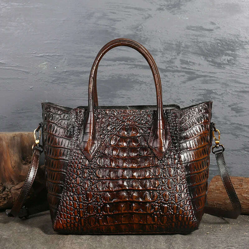 KIMLUD, GAGACIA Cow Leather Handbag For Women Crocodile Pattern Purses And Handbags Luxury Designer Genuine Leather Ladies Shoulder Bags, Khaki Brown / 27cm-15cm-23cm, KIMLUD APPAREL - Womens Clothes