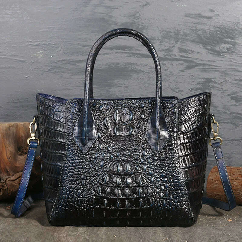 KIMLUD, GAGACIA Cow Leather Handbag For Women Crocodile Pattern Purses And Handbags Luxury Designer Genuine Leather Ladies Shoulder Bags, Peacock Blue / 27cm-15cm-23cm, KIMLUD APPAREL - Womens Clothes