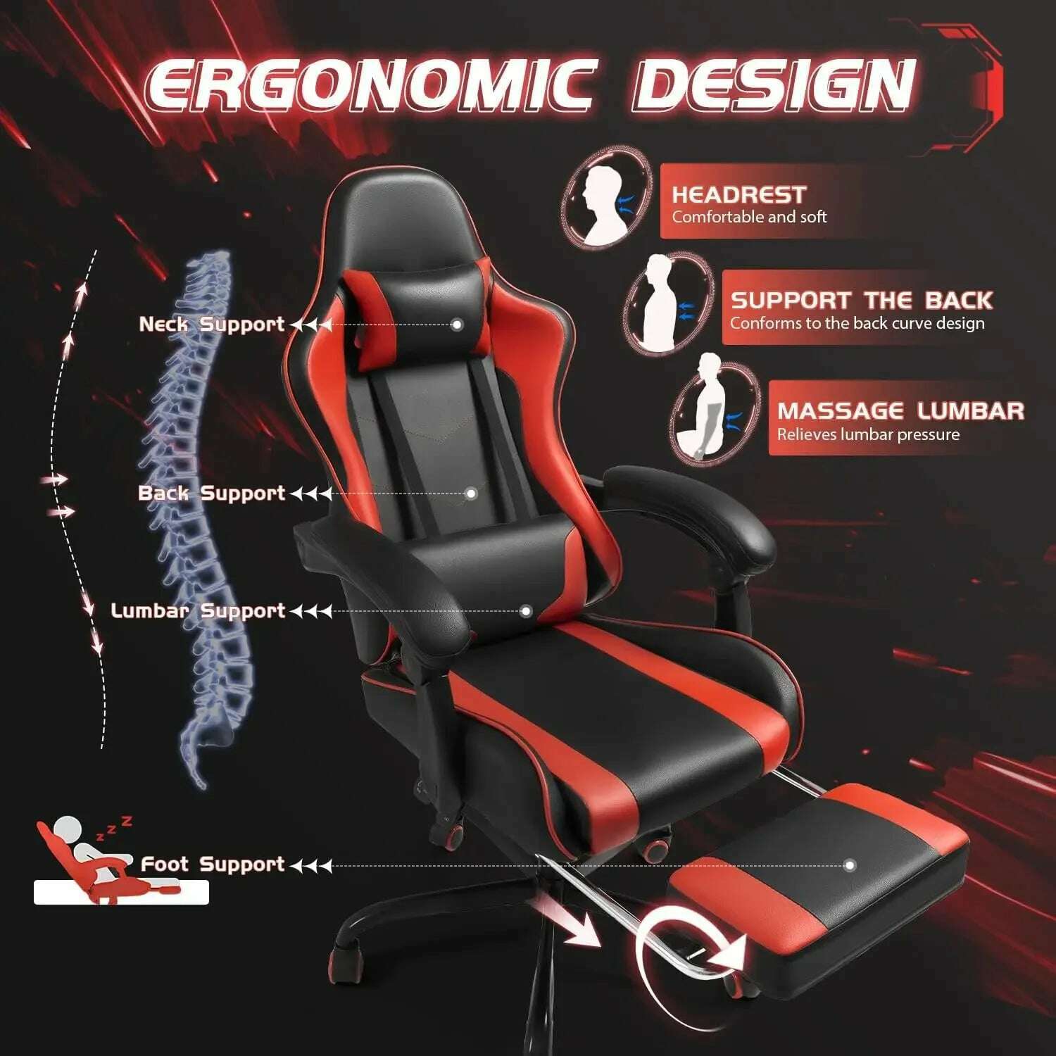 KIMLUD, Gaming Chair with Footrest and Massage Lumbar Support, Video Racing Seat Height Adjustable with 360°Swivel and Headrest, KIMLUD Womens Clothes