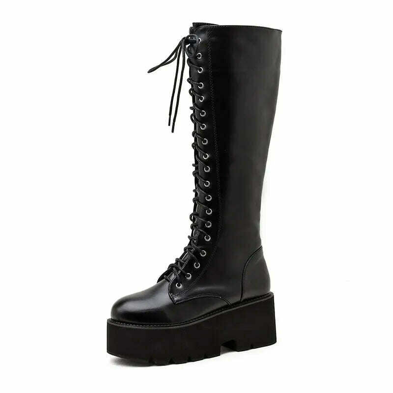 KIMLUD, Gdgydh Chunky Platform Heels Pu Leather Knee High Boots Women Retro Punk Long Boots Woman Lace Up Booties Mujer 2022 New Fall, black / 35, KIMLUD APPAREL - Womens Clothes