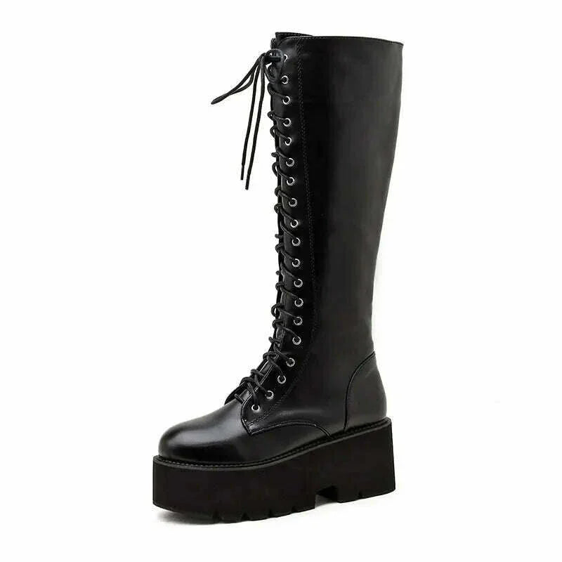 KIMLUD, Gdgydh Chunky Platform Heels Pu Leather Knee High Boots Women Retro Punk Long Boots Woman Lace Up Booties Mujer 2022 New Fall, KIMLUD Womens Clothes