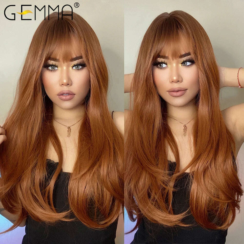 KIMLUD, GEMMA Red Brown Copper Ginger Long Straight Synthetic Wigs for Women Natural Wave Wigs with Bangs Heat Resistant Cosplay Hair, LC028-1, KIMLUD APPAREL - Womens Clothes