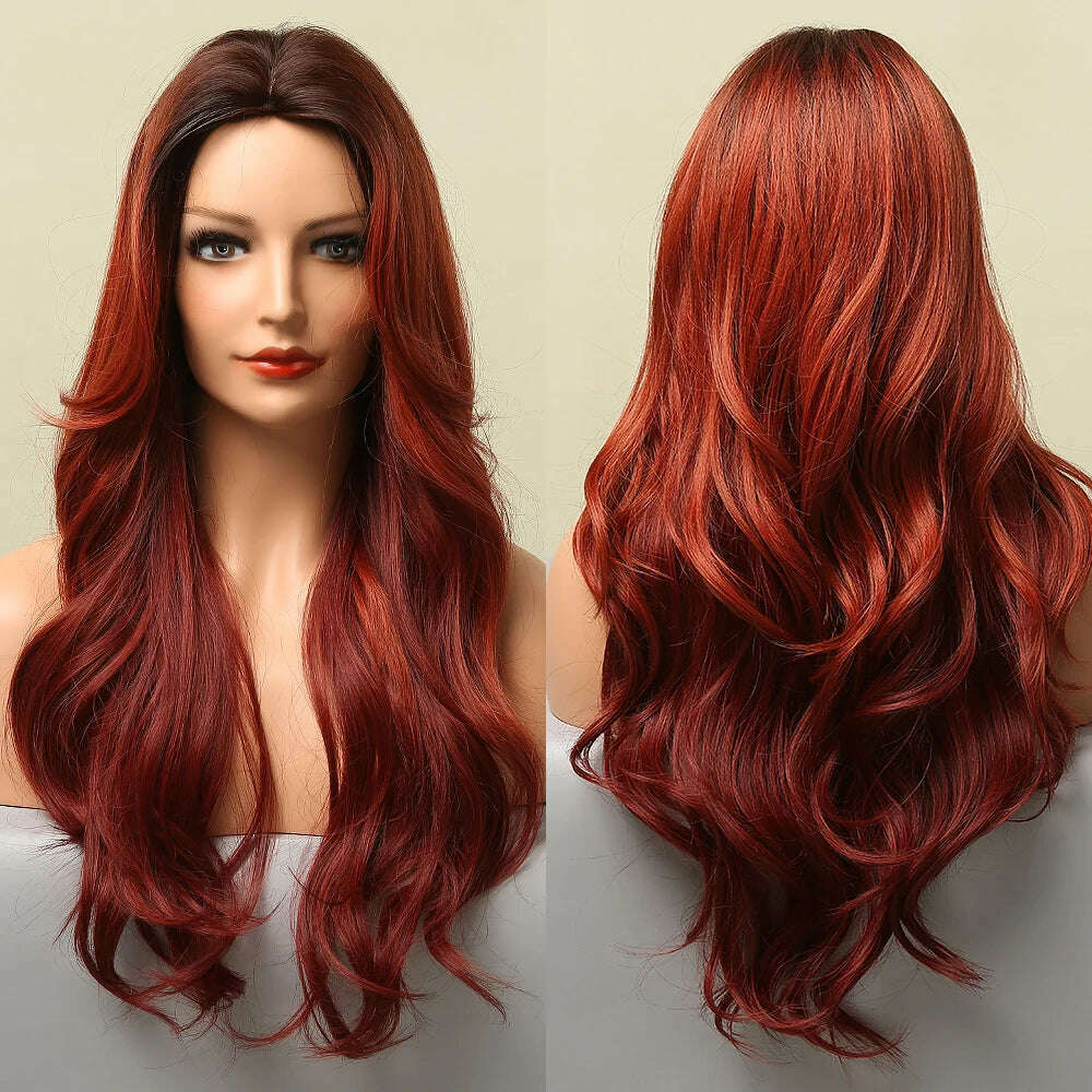KIMLUD, GEMMA Red Brown Copper Ginger Long Straight Synthetic Wigs for Women Natural Wave Wigs with Bangs Heat Resistant Cosplay Hair, LC5221-1, KIMLUD APPAREL - Womens Clothes