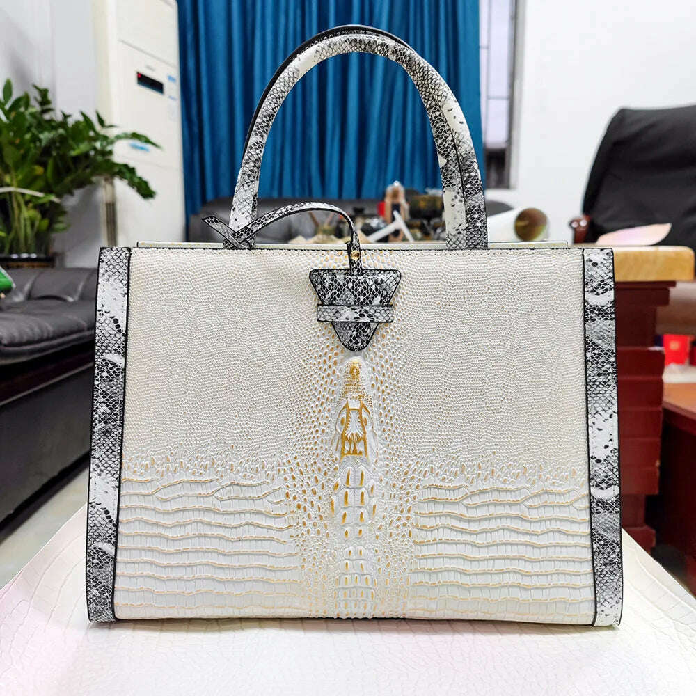 KIMLUD, Genuine leather 2023new crocodile tears Tote women's bag luxury brand handbag versatile shoulder bag, white, KIMLUD APPAREL - Womens Clothes