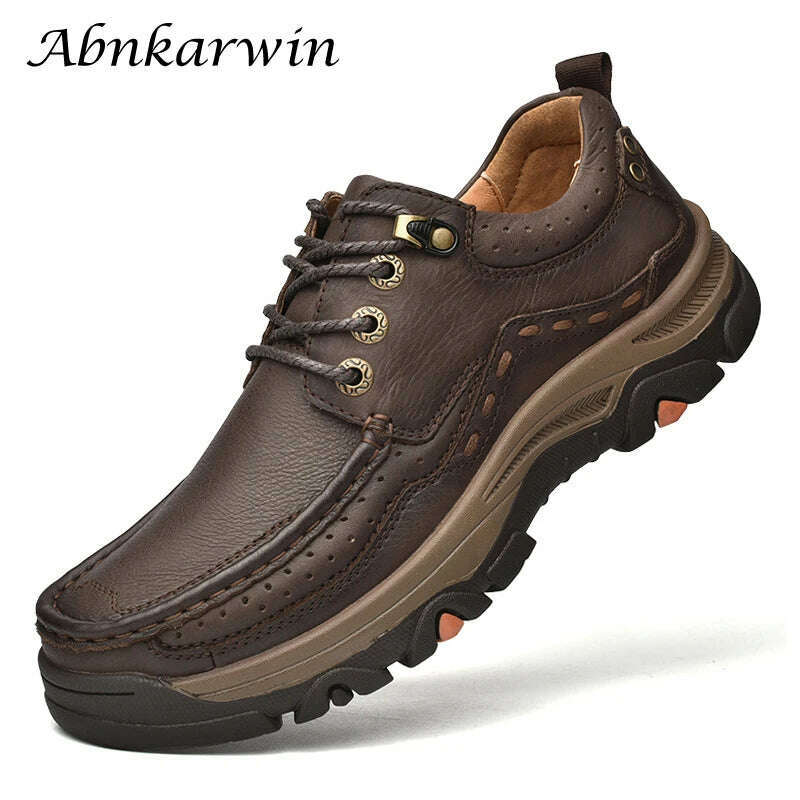 Genuine Leather Casual Shoes for Men in Brown Black Khaki Natural Cow Leather High Quality Outdoor Trekking Hiking - KIMLUD