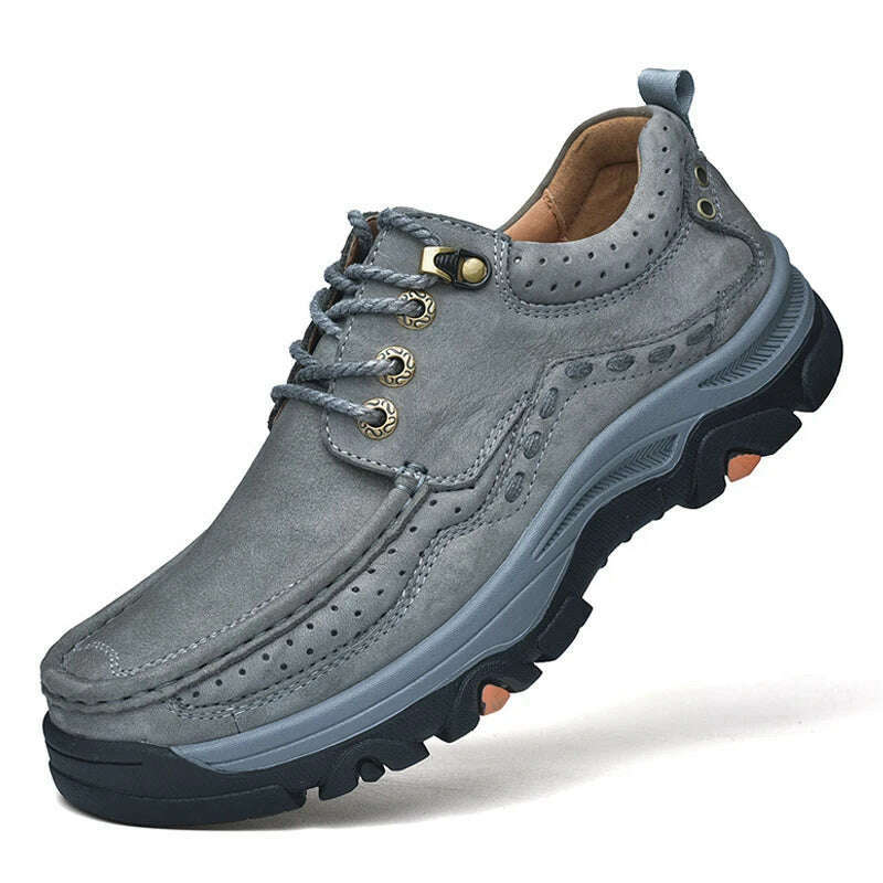 Genuine Leather Casual Shoes for Men in Brown Black Khaki Natural Cow Leather High Quality Outdoor Trekking Hiking - KIMLUD