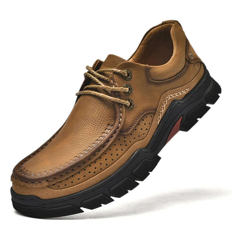 Genuine Leather Casual Shoes for Men in Brown Black Khaki Natural Cow Leather High Quality Outdoor Trekking Hiking - KIMLUD