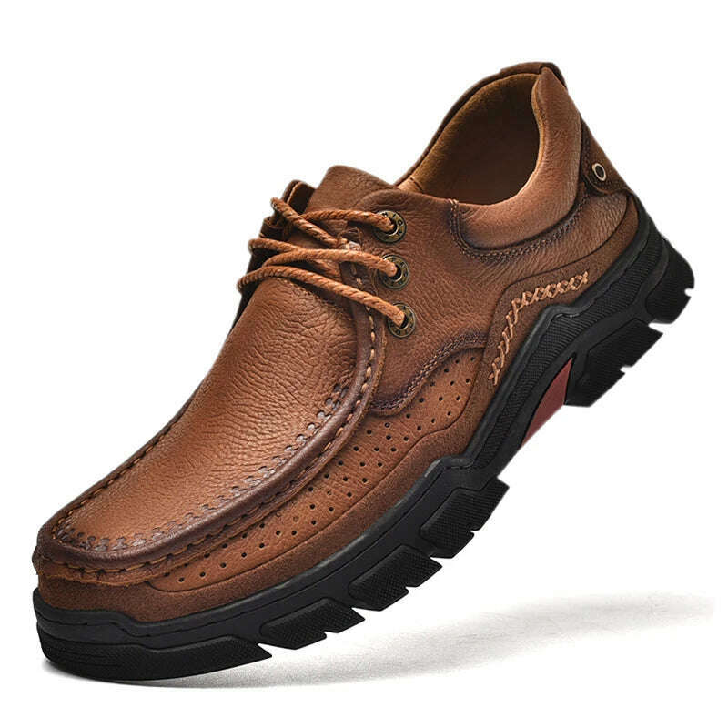 Genuine Leather Casual Shoes for Men in Brown Black Khaki Natural Cow Leather High Quality Outdoor Trekking Hiking - KIMLUD