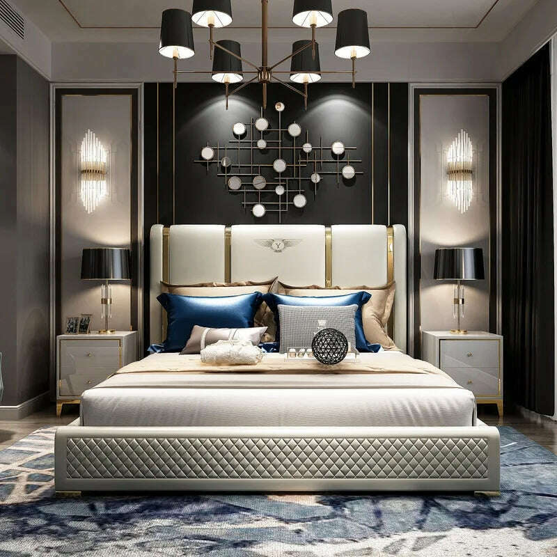 Genuine Leather entry lux bed frame modern Nordic camas ultimate bed кровать двуспальная lit beds سرير muebles de dormitorio ме - KIMLUD