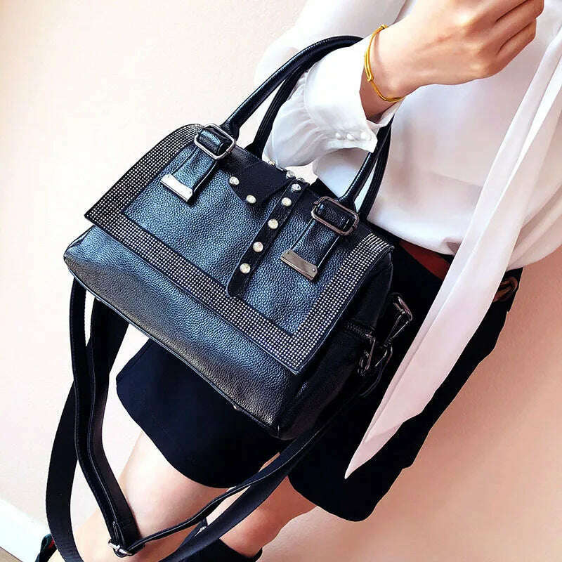 KIMLUD, Genuine Leather Hot Diamond European And American Women's Bag Personalized Handbag Large Capacity Fashion Casual Messenger Bag, KIMLUD Womens Clothes