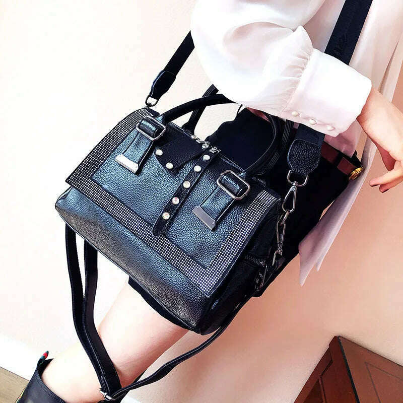KIMLUD, Genuine Leather Hot Diamond European And American Women's Bag Personalized Handbag Large Capacity Fashion Casual Messenger Bag, KIMLUD Womens Clothes