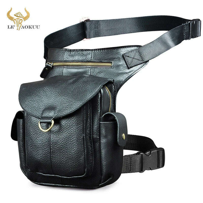KIMLUD, Genuine Leather Men Design Casual 8" Tablet Messenger Sling Bag Multifunction Fashion Travel Waist Belt Pack Leg Bag Male 9938-G, black, KIMLUD APPAREL - Womens Clothes