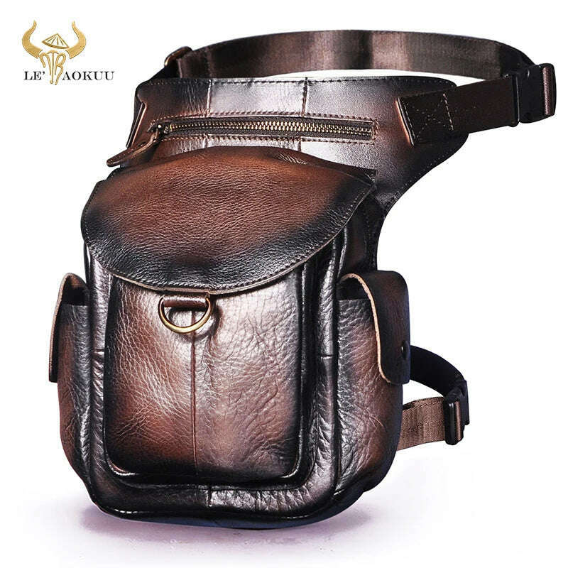 KIMLUD, Genuine Leather Men Design Casual 8" Tablet Messenger Sling Bag Multifunction Fashion Travel Waist Belt Pack Leg Bag Male 9938-G, dark coffee, KIMLUD APPAREL - Womens Clothes