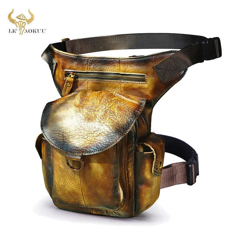 KIMLUD, Genuine Leather Men Design Casual 8" Tablet Messenger Sling Bag Multifunction Fashion Travel Waist Belt Pack Leg Bag Male 9938-G, Orange, KIMLUD APPAREL - Womens Clothes