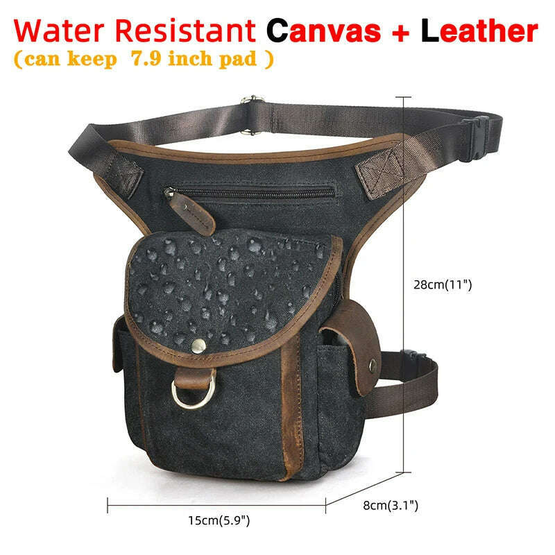 KIMLUD, Genuine Leather Men Design Casual 8" Tablet Messenger Sling Bag Multifunction Fashion Travel Waist Belt Pack Leg Bag Male 9938-G, canvas-black2, KIMLUD APPAREL - Womens Clothes