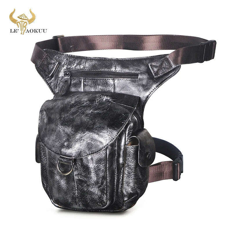 KIMLUD, Genuine Leather Men Design Casual 8" Tablet Messenger Sling Bag Multifunction Fashion Travel Waist Belt Pack Leg Bag Male 9938-G, Silver, KIMLUD APPAREL - Womens Clothes