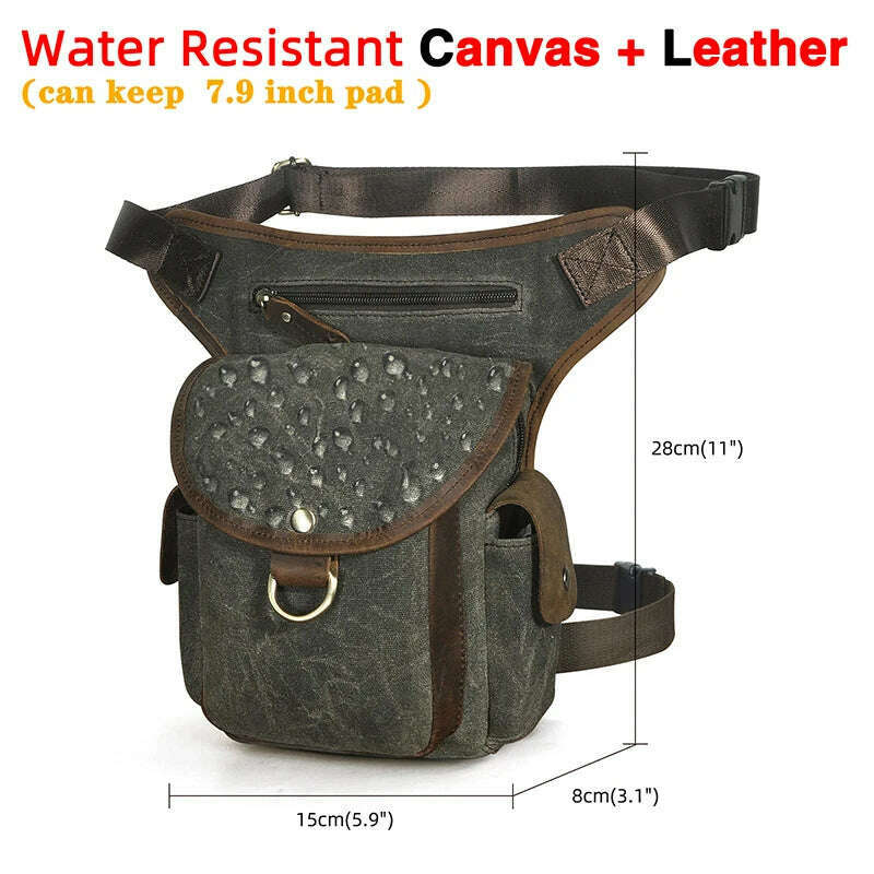 KIMLUD, Genuine Leather Men Design Casual 8" Tablet Messenger Sling Bag Multifunction Fashion Travel Waist Belt Pack Leg Bag Male 9938-G, canvas-army green2, KIMLUD APPAREL - Womens Clothes