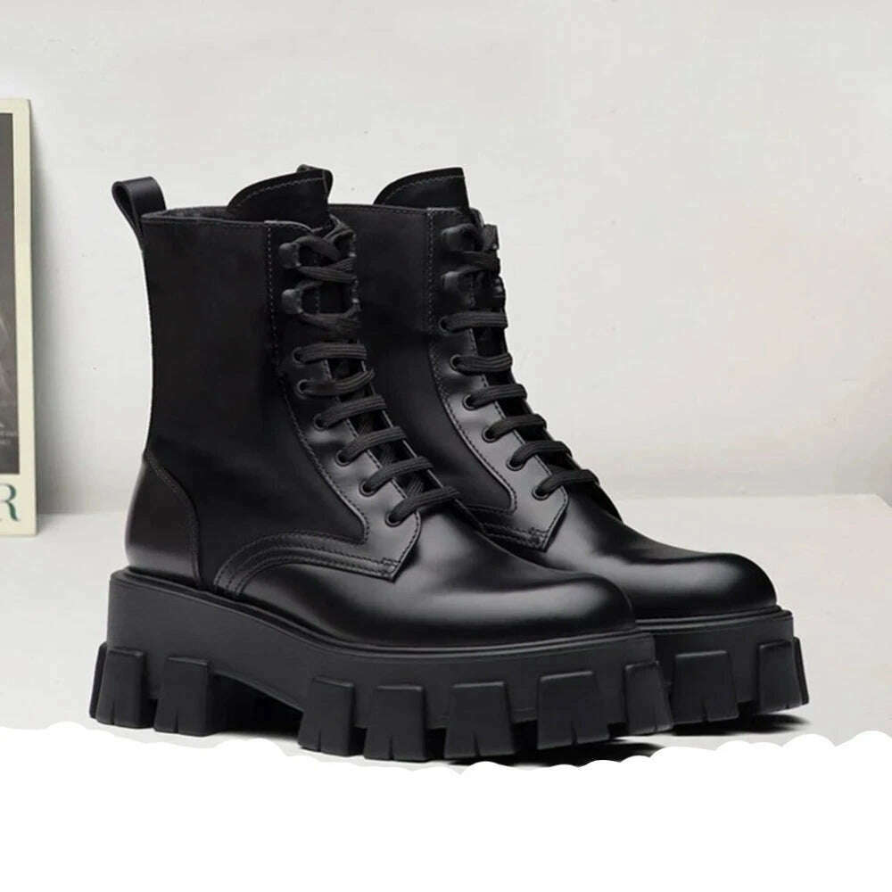 KIMLUD, Genuine Leather Platform Women Motorcycle Boots with Small Bag Lace Up Round Fashion Ankle Boots Autumn Winter New Black Boots, as photo 1 / 35, KIMLUD APPAREL - Womens Clothes