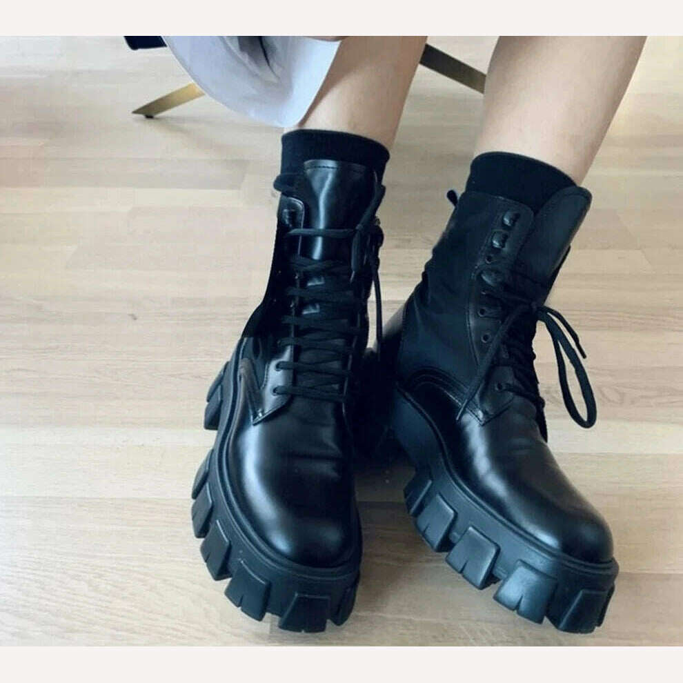 KIMLUD, Genuine Leather Platform Women Motorcycle Boots with Small Bag Lace Up Round Fashion Ankle Boots Autumn Winter New Black Boots, KIMLUD Womens Clothes
