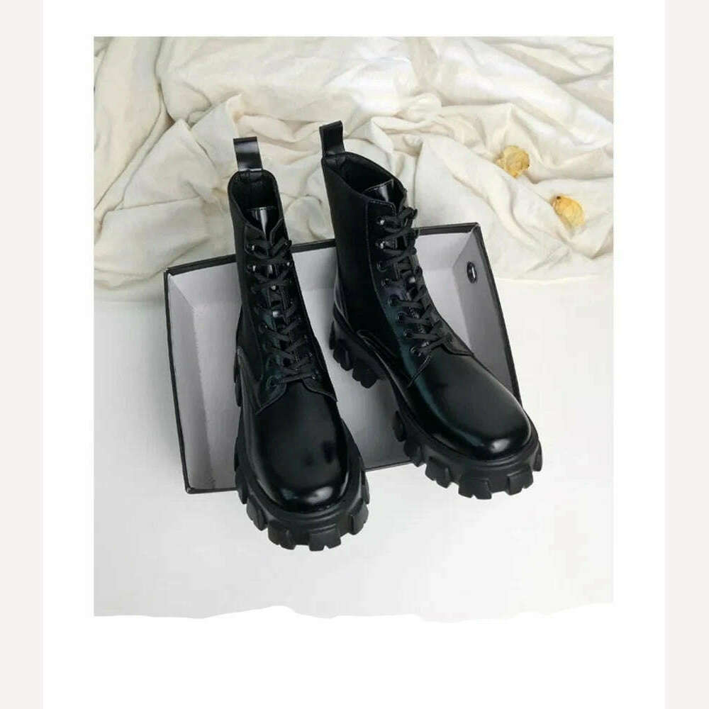 KIMLUD, Genuine Leather Platform Women Motorcycle Boots with Small Bag Lace Up Round Fashion Ankle Boots Autumn Winter New Black Boots, KIMLUD Womens Clothes