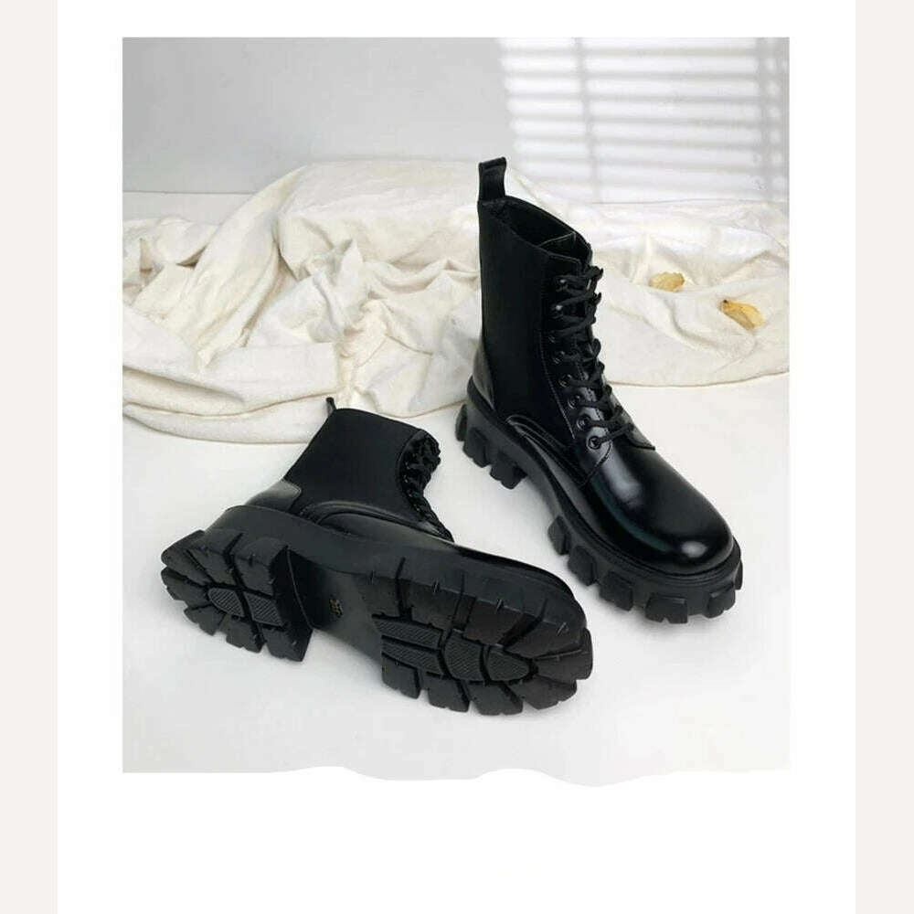 KIMLUD, Genuine Leather Platform Women Motorcycle Boots with Small Bag Lace Up Round Fashion Ankle Boots Autumn Winter New Black Boots, KIMLUD Womens Clothes