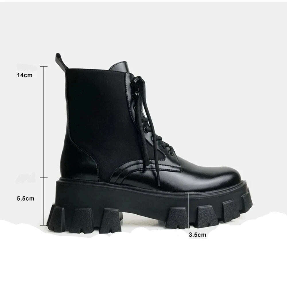 KIMLUD, Genuine Leather Platform Women Motorcycle Boots with Small Bag Lace Up Round Fashion Ankle Boots Autumn Winter New Black Boots, KIMLUD Womens Clothes