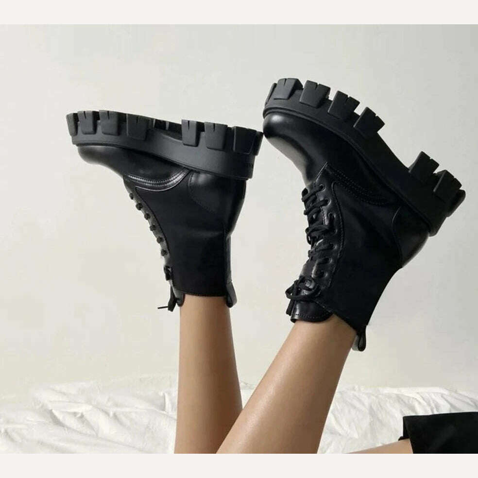 KIMLUD, Genuine Leather Platform Women Motorcycle Boots with Small Bag Lace Up Round Fashion Ankle Boots Autumn Winter New Black Boots, KIMLUD Womens Clothes