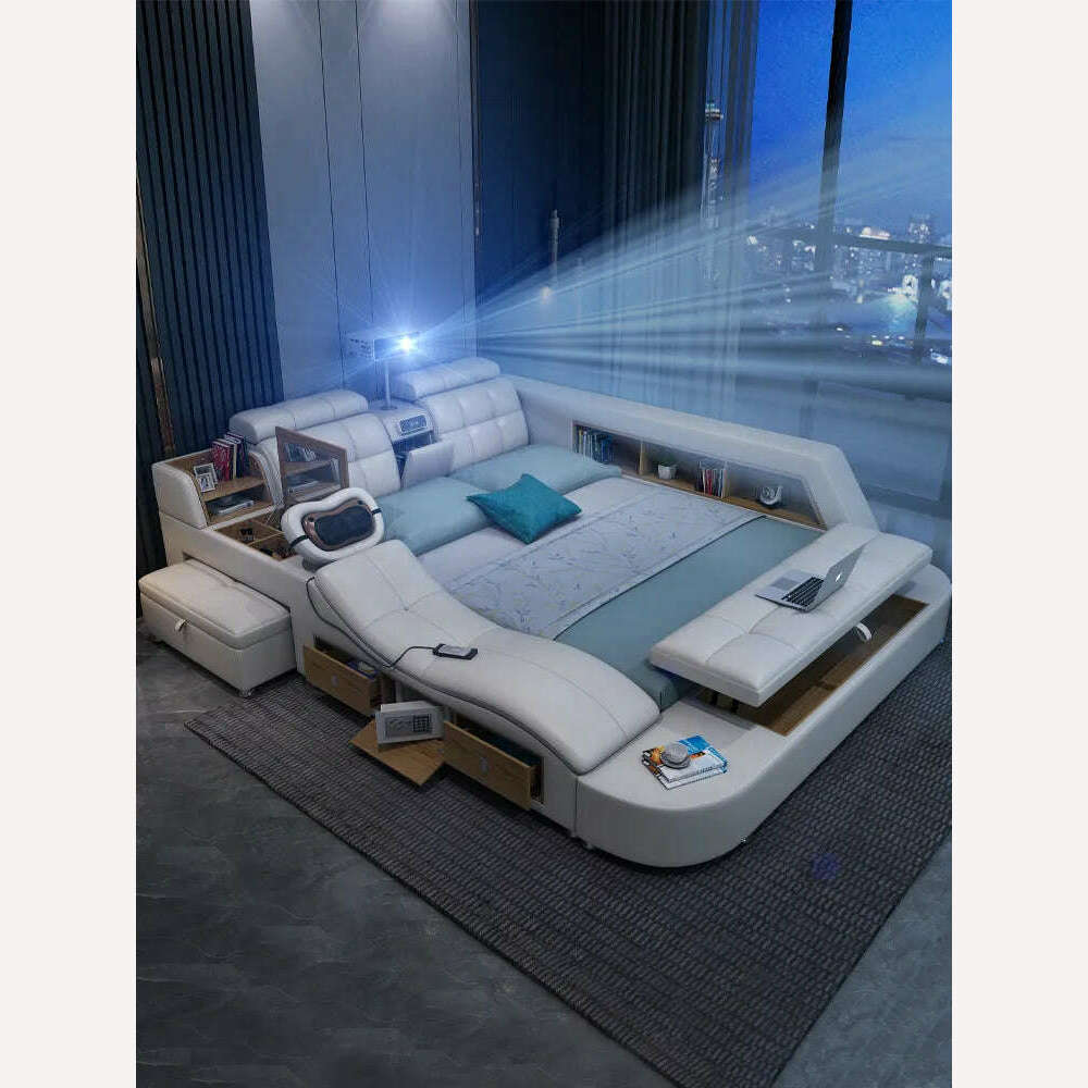 Genuine Leather Tech Smart Bed Multifunctional Beds Frame Ultimate Tatami Lit Massage Camas with Bluetooth,Speaker,Projector,Min - KIMLUD