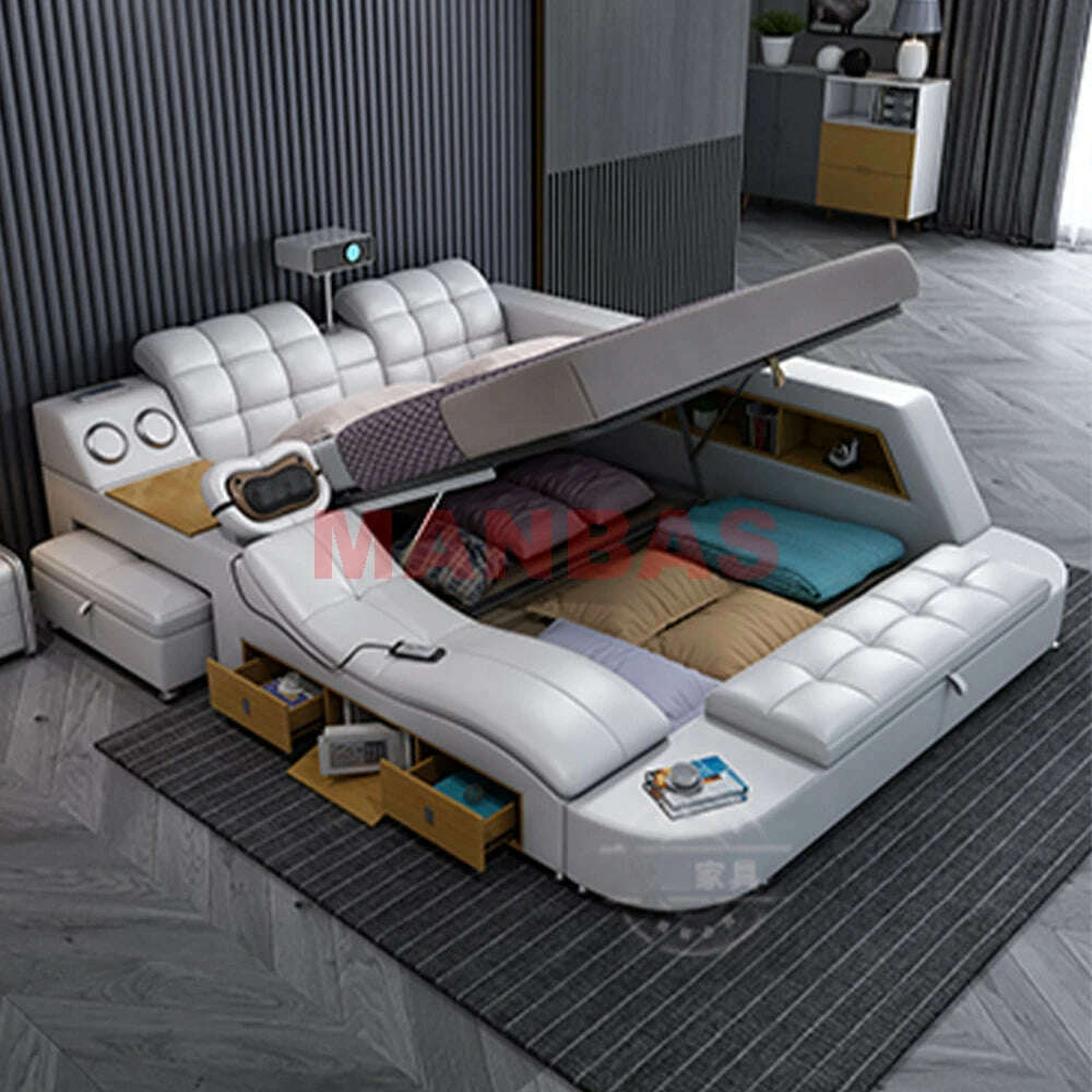 Genuine Leather Tech Smart Bed Multifunctional Beds Frame Ultimate Tatami Lit Massage Camas with Bluetooth,Speaker,Projector,Min - KIMLUD
