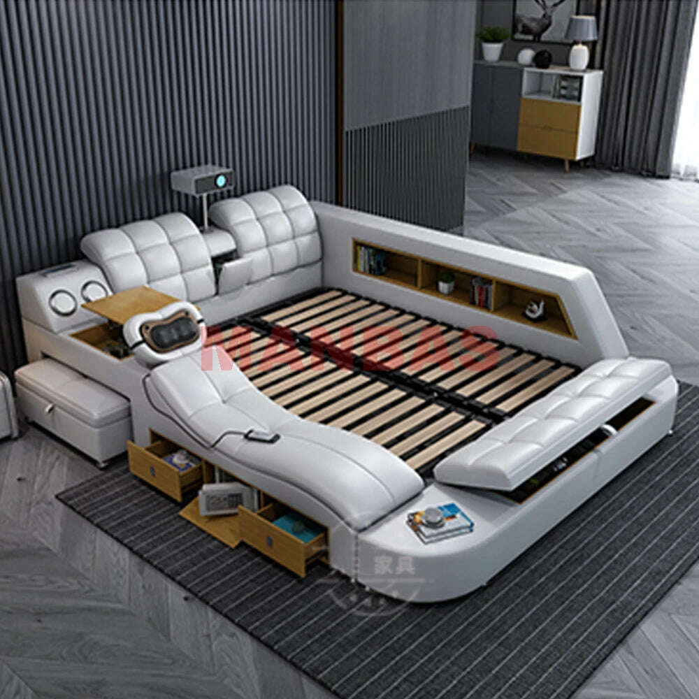 Genuine Leather Tech Smart Bed Multifunctional Beds Frame Ultimate Tatami Lit Massage Camas with Bluetooth,Speaker,Projector,Min - KIMLUD