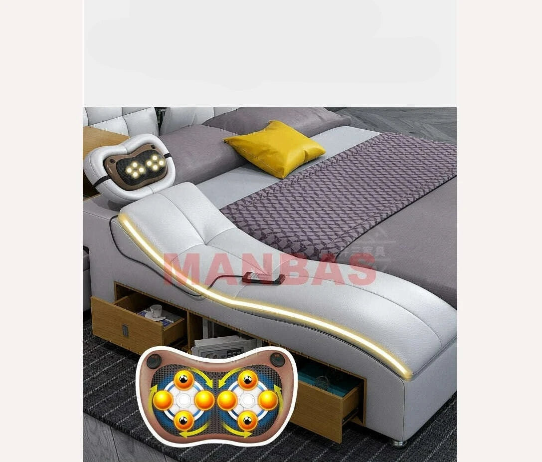 Genuine Leather Tech Smart Bed Multifunctional Beds Frame Ultimate Tatami Lit Massage Camas with Bluetooth,Speaker,Projector,Min - KIMLUD