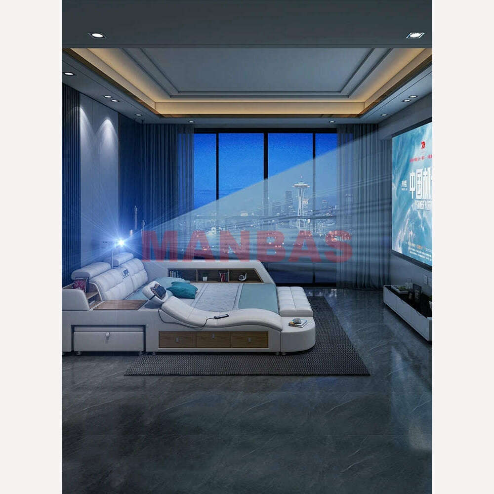 Genuine Leather Tech Smart Bed Multifunctional Beds Frame Ultimate Tatami Lit Massage Camas with Bluetooth,Speaker,Projector,Min - KIMLUD