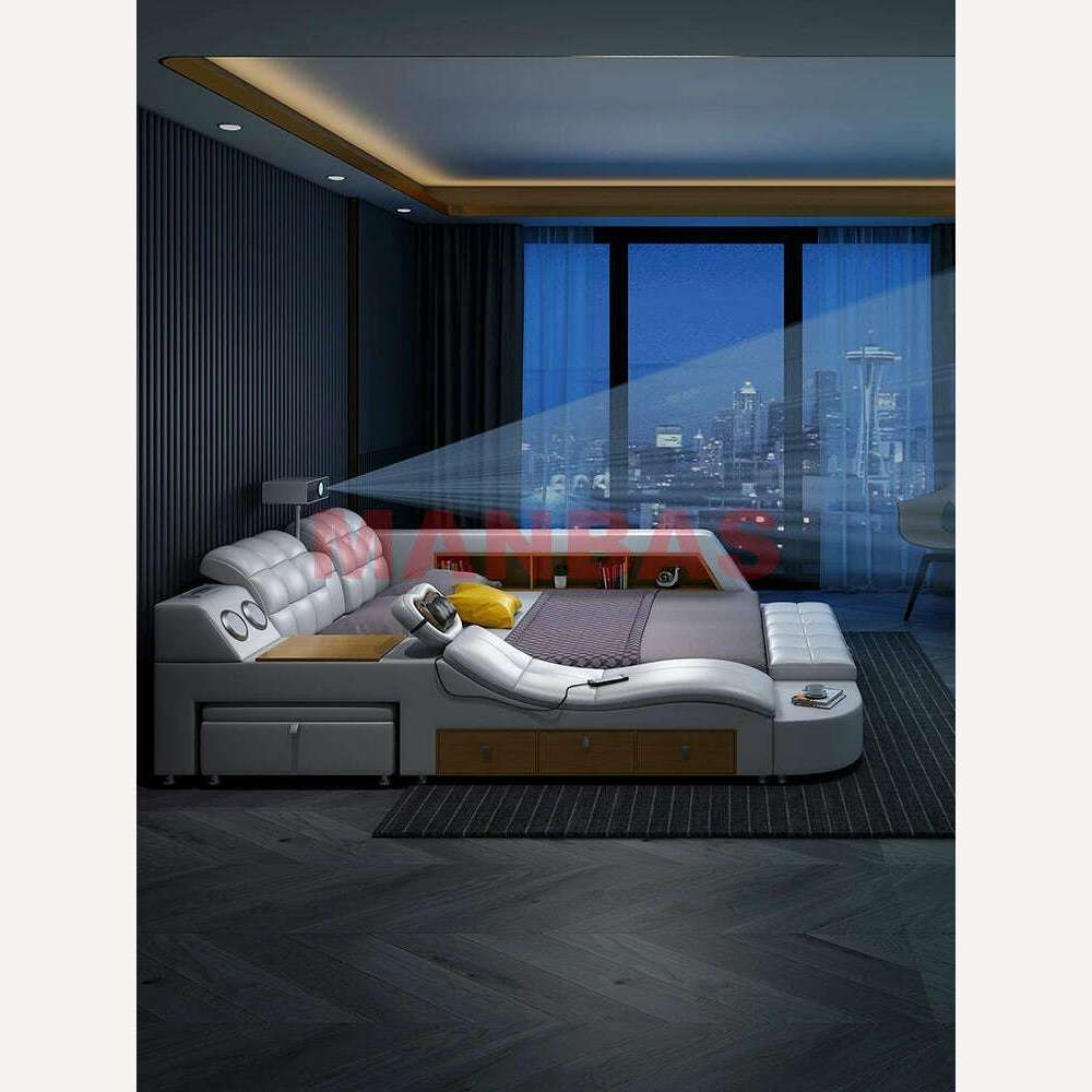 Genuine Leather Tech Smart Bed Multifunctional Beds Frame Ultimate Tatami Lit Massage Camas with Bluetooth,Speaker,Projector,Min - KIMLUD