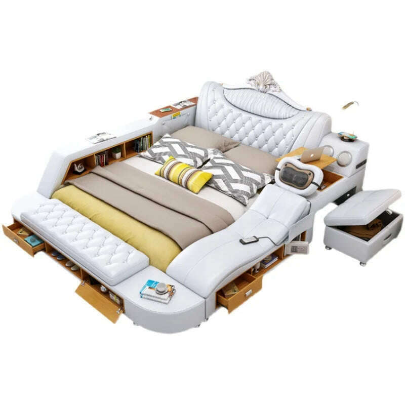 KIMLUD, Genuine Leather Tech Smart Bed Multifunctional Beds Ultimate Massage Camas Upholstered Bed with Bluetooth,Speaker,Massager,USB C, KIMLUD Womens ClothesKIMLUD, Genuine Leather Tech Smart Bed Multifunctional Beds Ultimate Massage Camas Upholstered Bed with Bluetooth,Speaker,Massager,USB C, bed without mattress, KIMLUD APPAREL - Womens Clothes