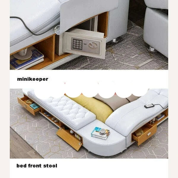 KIMLUD, Genuine Leather Tech Smart Bed Multifunctional Beds Ultimate Massage Camas Upholstered Bed with Bluetooth,Speaker,Massager,USB C, KIMLUD Womens Clothes