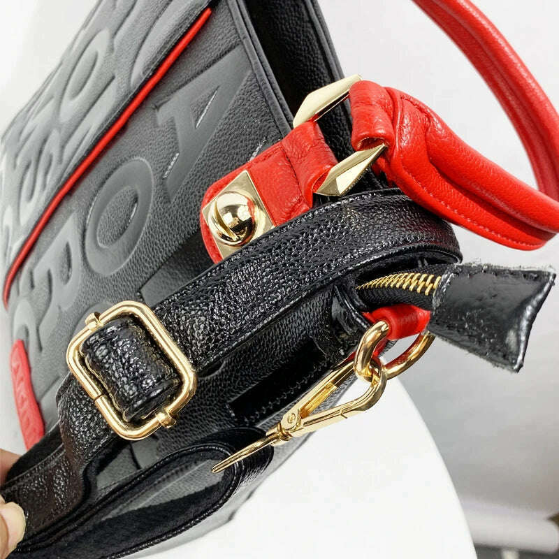 Genuine Leather Tote Bags For Women Luxury Designer Handbags Purses 2024 New In Cow Leather Embossed Letter Top Handle Shoulder - KIMLUD