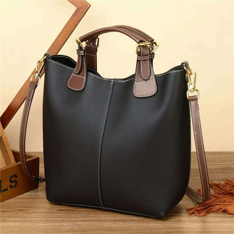 KIMLUD, Genuine Leather Women Tote Bag Patchwork Female Leather Handbag Casual Ladies Shoulder or Messenger Bags, black handbag, KIMLUD APPAREL - Womens Clothes