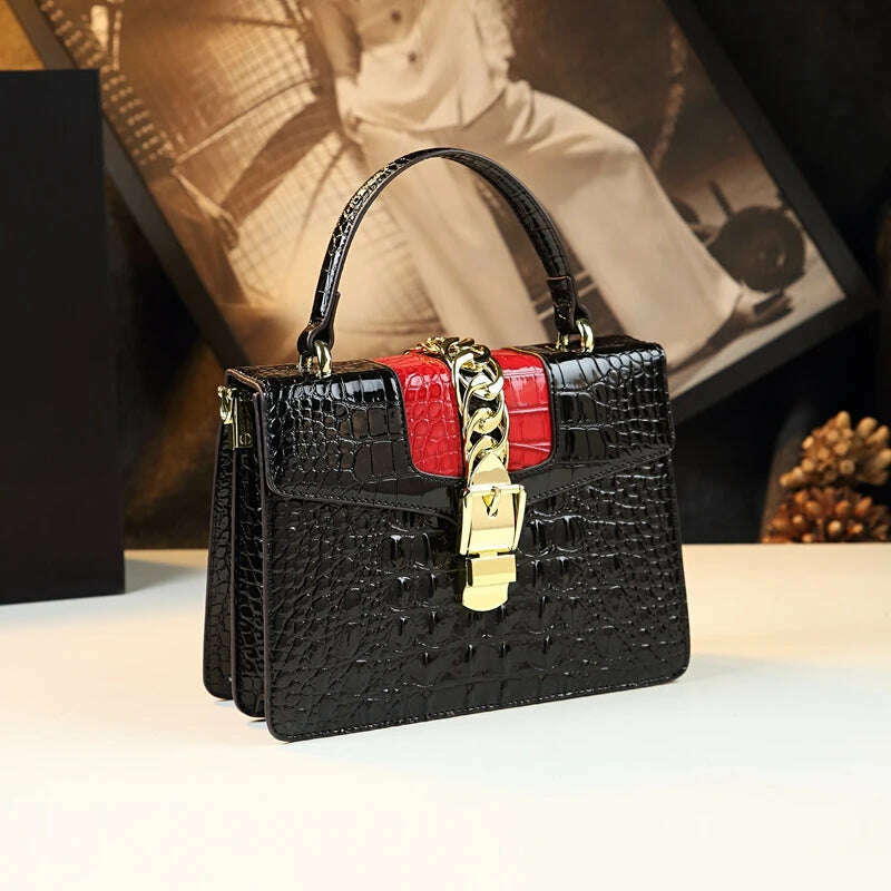 KIMLUD, Genuine Leather Women's Handbags Luxury Fashion Shoulder Crossbody Bag Crocodile Pattern Small Square Portable Messenger Bags, Black, KIMLUD APPAREL - Womens Clothes
