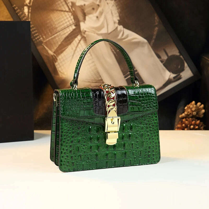 KIMLUD, Genuine Leather Women's Handbags Luxury Fashion Shoulder Crossbody Bag Crocodile Pattern Small Square Portable Messenger Bags, Dark Green, KIMLUD APPAREL - Womens Clothes