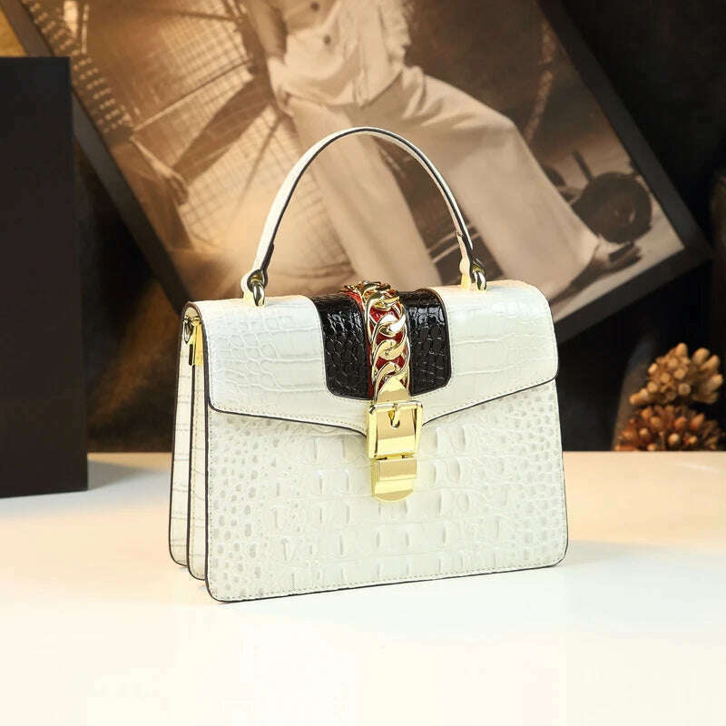 KIMLUD, Genuine Leather Women's Handbags Luxury Fashion Shoulder Crossbody Bag Crocodile Pattern Small Square Portable Messenger Bags, White, KIMLUD APPAREL - Womens Clothes
